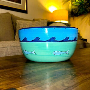 KIC Brushes Hand Painted Earthenware K.I.C. 10” Large Serving Salad Bowl